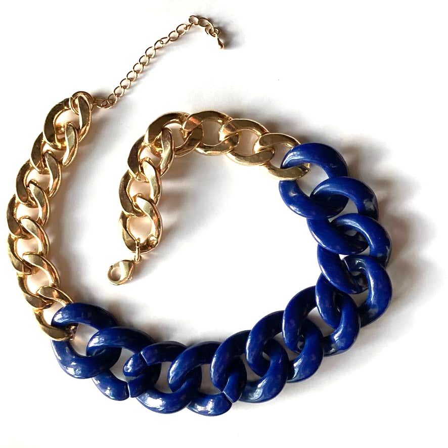 Gold Tone And Navy Resin Curb Chain Heavy Link Necklace